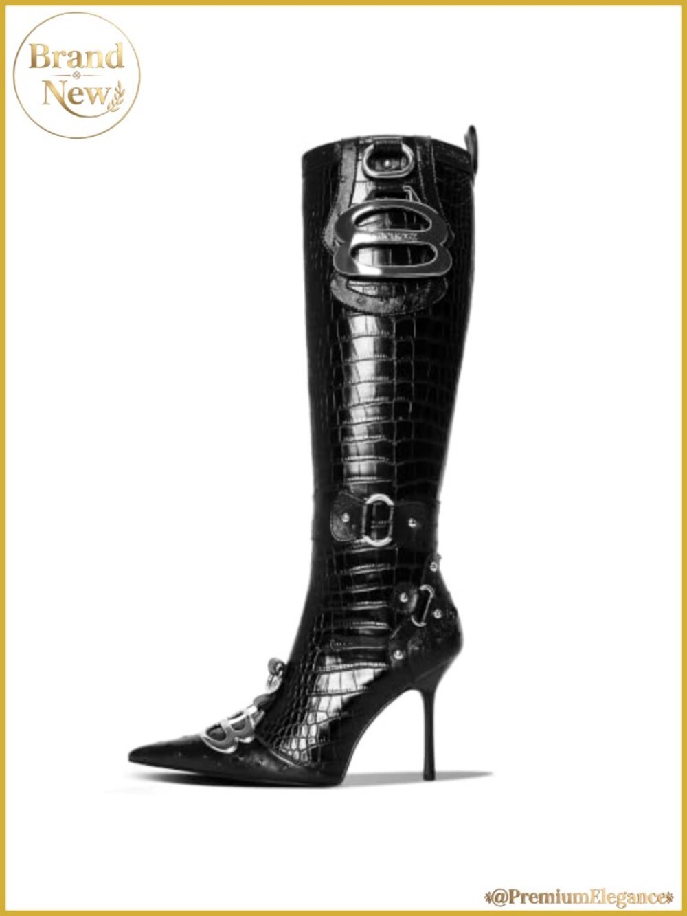 Knee High Crocodile Faux Leather Boots Pointed Toe Stiletto Heel Women